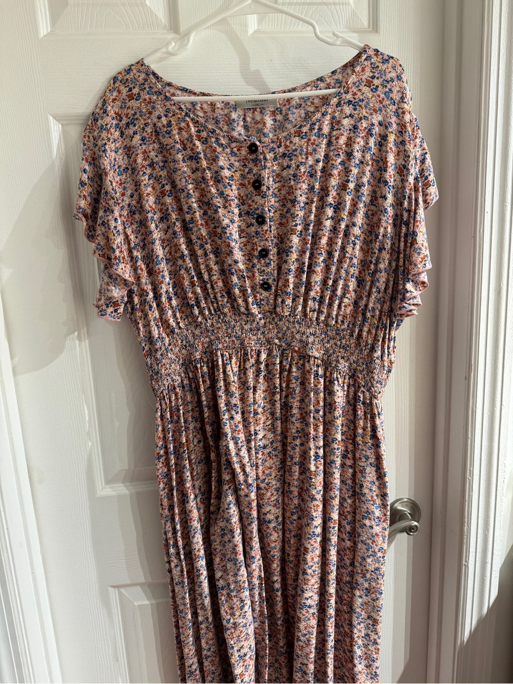 Floral Button Front Smocked Waist Midi Dress - Peach & Blue 2XL